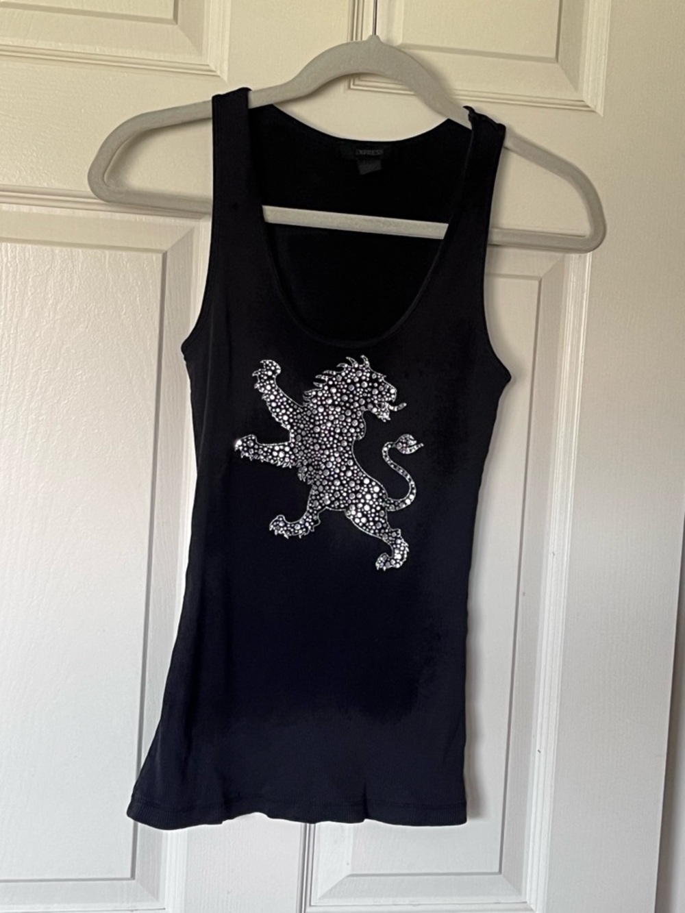 Express Y2K Black Ribbed Size M Tank Top with Rhinestone Logo